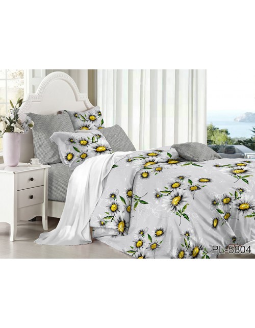 Полуторный комплект постельного белья серого цвета с ромашками, Поплин