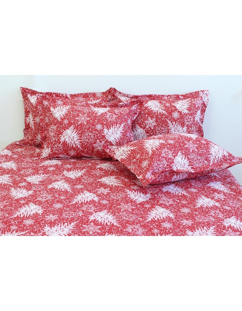 Полуторний комплект постільної білизни червоного кольору зі сніжинками, Ранфорс
