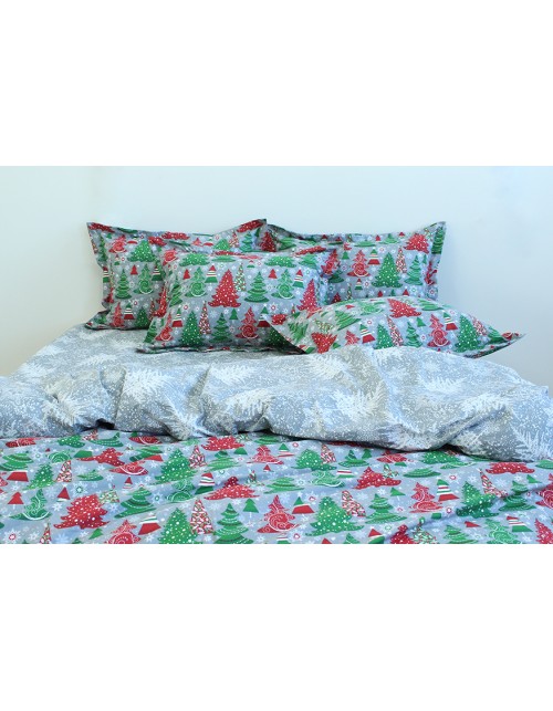 Полуторний комплект постільної білизни сірого кольору з новорічними ялинками, Ранфорс