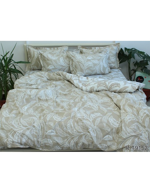 Полуторний комплект постільної білизни бежевого кольору з квітковим візерунком, Ранфорс