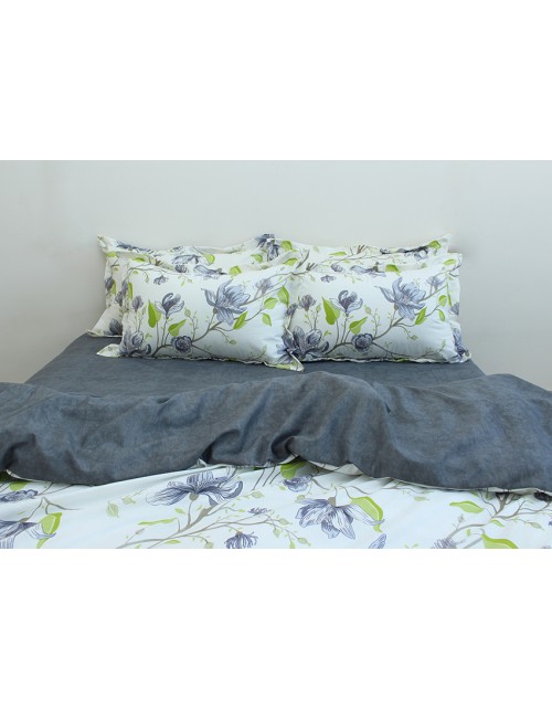 Полуторный комплект постельного белья белого цвета с листьями на ветвях, Ранфорс