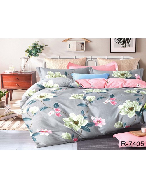 Полуторный комплект постельного белья серого цвета с цветами, Ранфорс