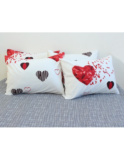 Полуторний комплект постільної білизни білого кольору із серцями, Ранфорс