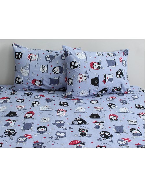Полуторний комплект постільної білизни сірого кольору з різними совами, Ранфорс
