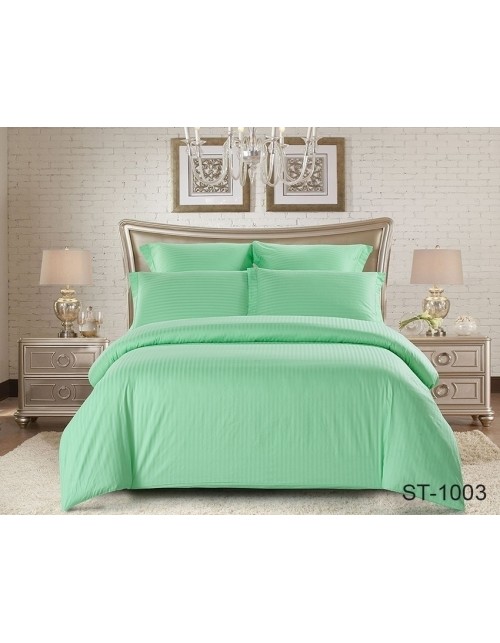 Полуторный комплект постельного белья зеленого цвета, Сатин страйп