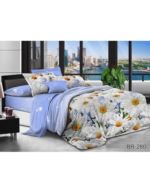 Семейный комплект постельного белья голубого цвета с ромашками, Поликоттон