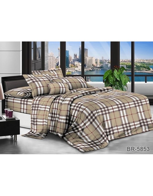 Сімейний комплект постільної білизни кавового кольору у клітинку, Полікотон