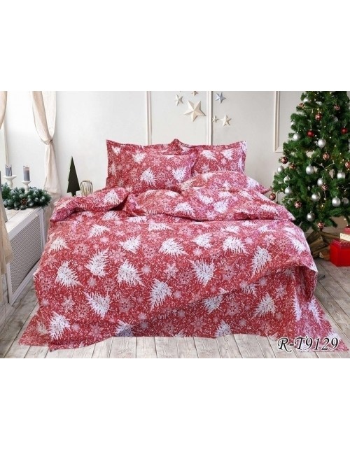 Сімейний комплект постільної білизни червоного кольору зі сніжинками, Ранфорс