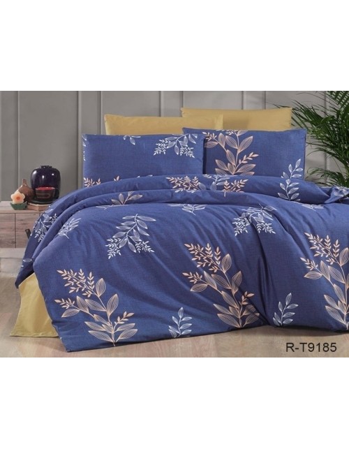Семейный комплект постельного белья синего цвета с листьями на ветвях, Ранфорс