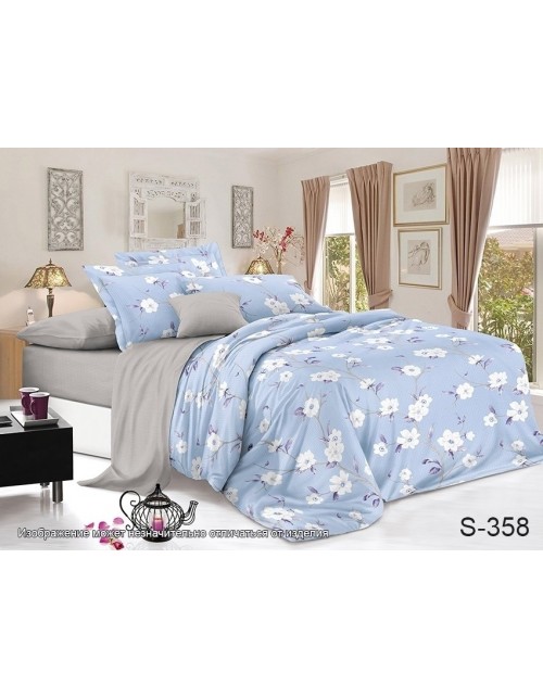Сімейний комплект постільної білизни блакитного кольору з квітами, Сатин люкс