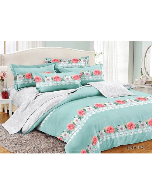 Сімейний комплект постільної білизни м'ятного кольору з квітами, Поплін