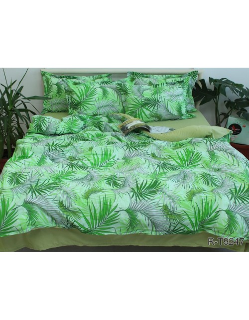 Сімейний комплект постільної білизни зеленого кольору з листям на гілках, Ранфорс