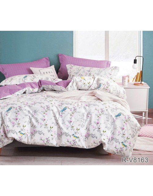 Сімейний комплект постільної білизни з квітучими гілками та птахами, Ранфорс