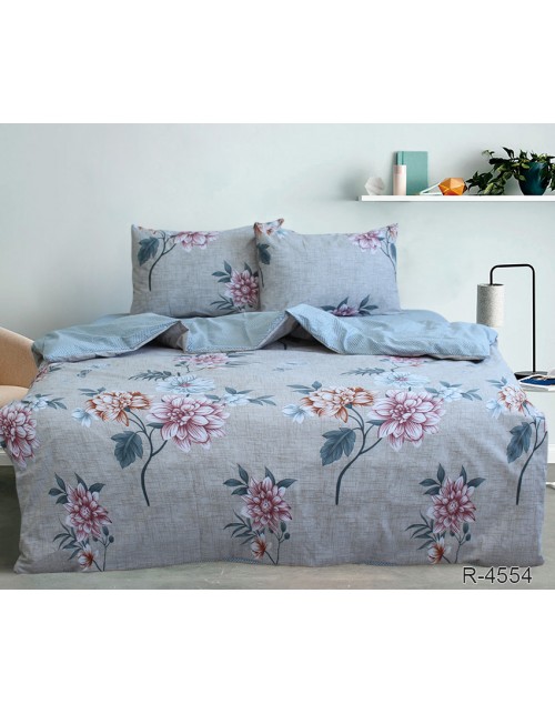 Сімейний комплект постільної білизни сірого кольору з квітами, Ранфорс