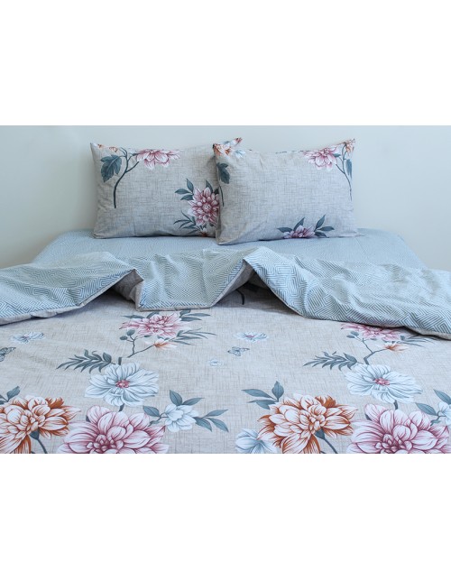 Сімейний комплект постільної білизни сірого кольору з квітами, Ранфорс