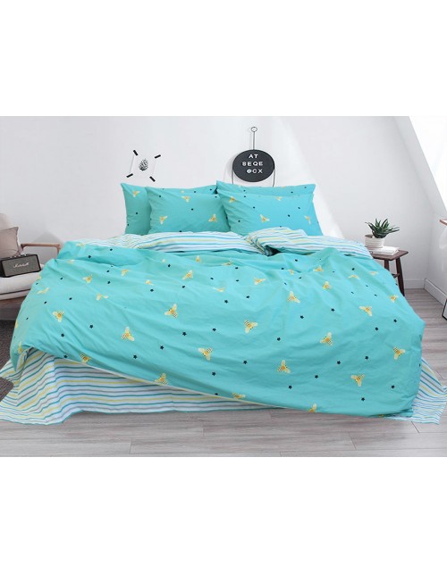 Сімейний комплект постільної білизни бірюзового кольору з бджолами, Ранфорс