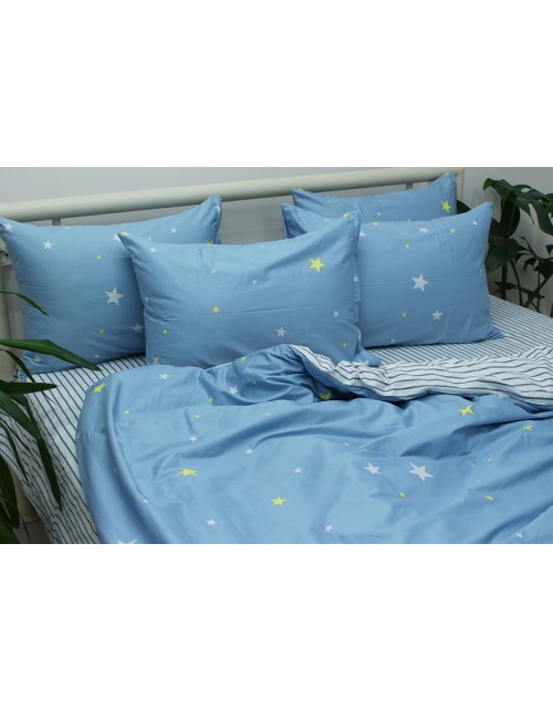 Семейный комплект постельного белья серого цвета со звездами, Сатин люкс