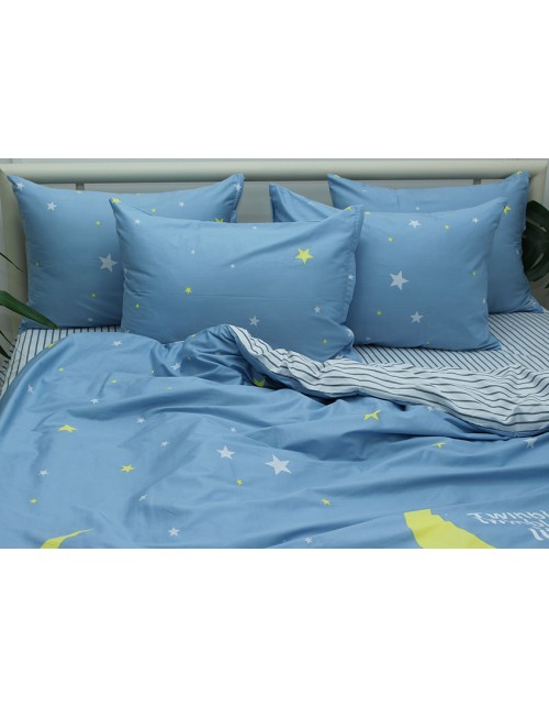 Семейный комплект постельного белья серого цвета со звездами, Сатин люкс