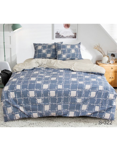 Сімейний комплект постільної білизни синього кольору у клітинку, Сатин люкс