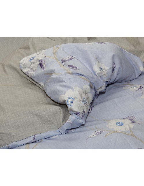 Сімейний комплект постільної білизни блакитного кольору з квітами, Сатин люкс