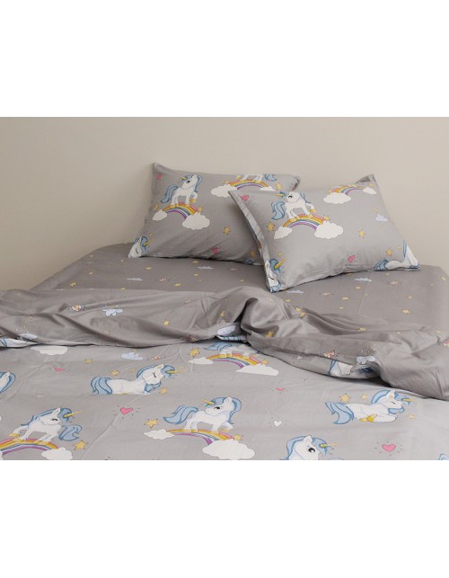 Семейный комплект постельного белья серого цвета с единорогами, Сатин люкс