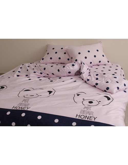 Семейный комплект постельного белья в горошек с медвежатами, Сатин люкс