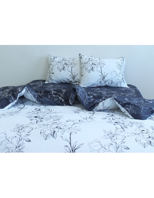 Сімейний комплект постільної білизни блакитного кольору з квітами, Сатин люкс