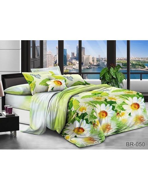 Євро комплект постільної білизни зеленого кольору з ромашками, Полікотон