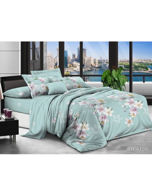 Євро комплект постільної білизни м'ятного кольору з квітами, Полікотон