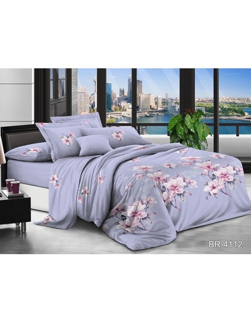 Євро комплект постільної білизни м'ятного кольору з квітами, Полікотон