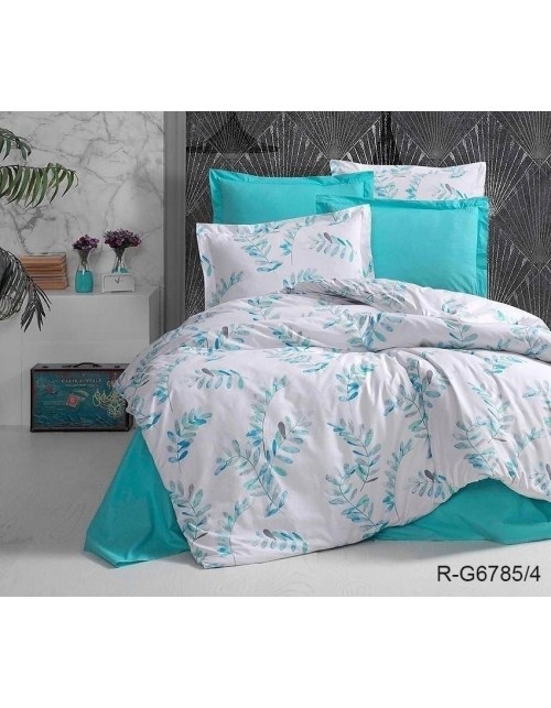 Євро комплект постільної білизни біло-бірюзового кольору з гілками, Ранфорс