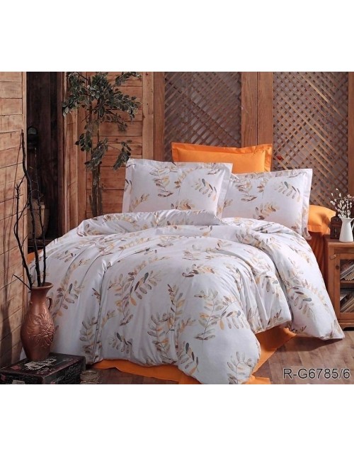 Євро комплект постільної білизни молочно-жовтогарячого кольору з гілками, Ранфорс