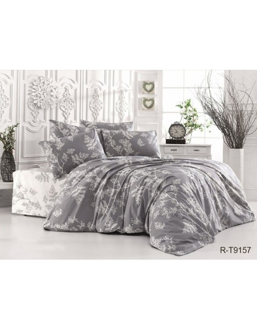 Євро комплект постільної білизни сірого кольору з листям на гілках, Ранфорс