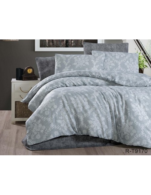 Євро комплект постільної білизни сірого кольору з квітковим візерунком, Ранфорс
