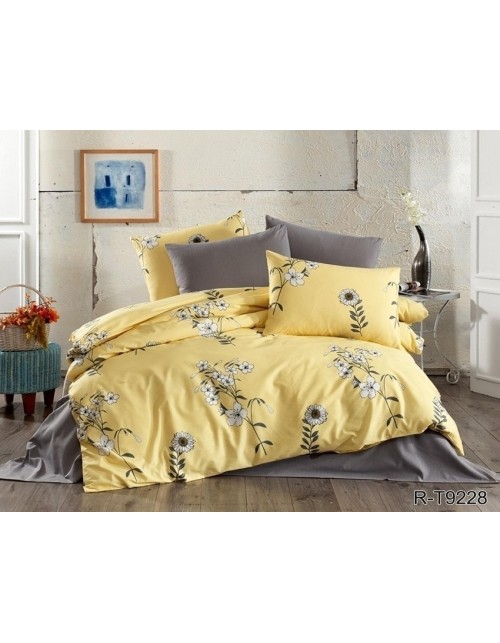 Євро комплект постільної білизни жовтого кольору з квітами, Ранфорс