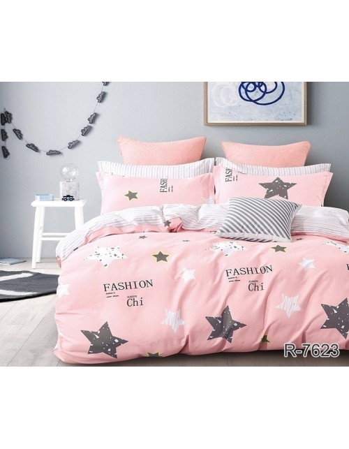 Евро комплект постельного белья розового цвета со звездами, Ранфорс