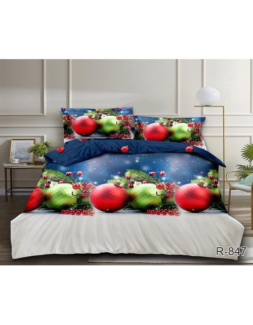 Евро комплект постельного белья с новогодними игрушками, Ранфорс
