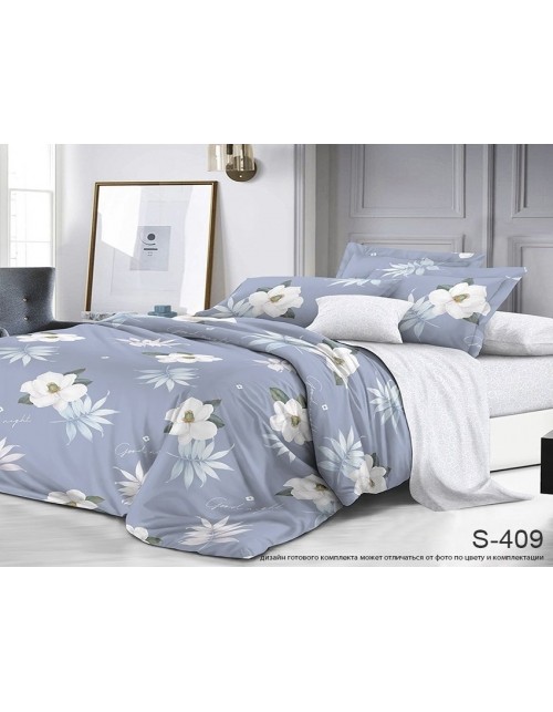 Евро комплект постельного белья серого цвета с цветами, Сатин люкс