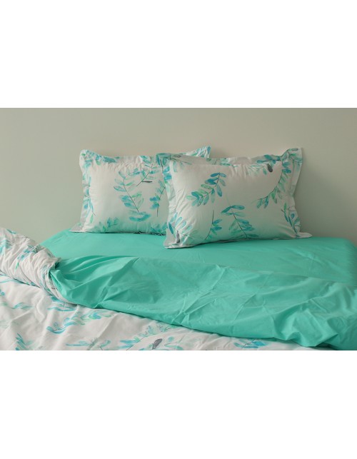 Євро комплект постільної білизни біло-бірюзового кольору з гілками, Ранфорс
