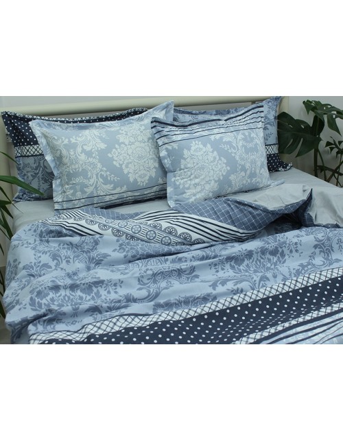 Євро комплект постільної білизни синього кольору з абстрактним принтом, Ранфорс