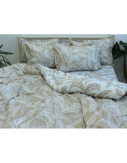 Євро комплект постільної білизни бежевого кольору з квітковим візерунком, Ранфорс