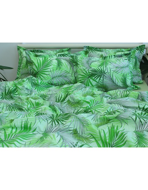 Євро комплект постільної білизни зеленого кольору з листям на гілках, Ранфорс