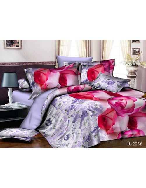 Евро комплект постельного белья синего цвета с розами, Ранфорс