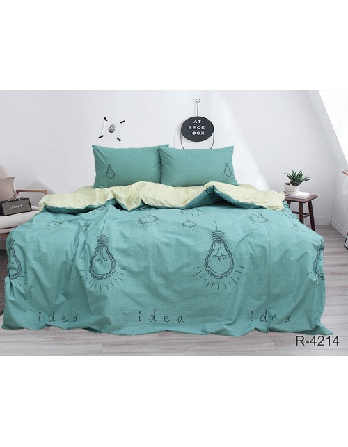 Евро комплект постельного белья бирюзового цвета с лампочкой, Ранфорс
