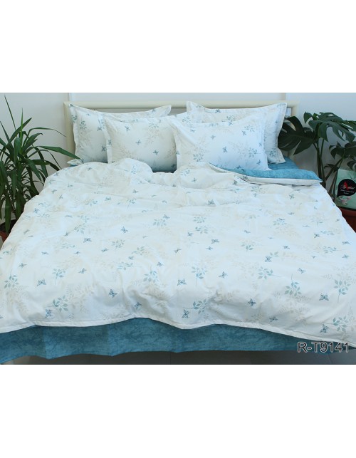 Євро комплект постільної білизни білого кольору з листям на гілках, Ранфорс