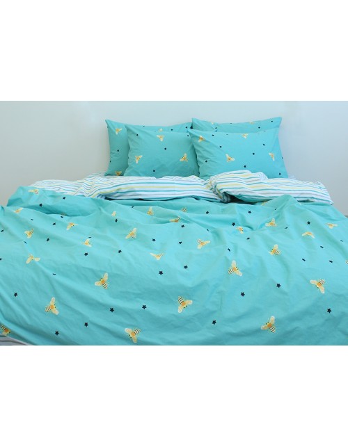 Євро комплект постільної білизни бірюзового кольору з бджолами, Ранфорс