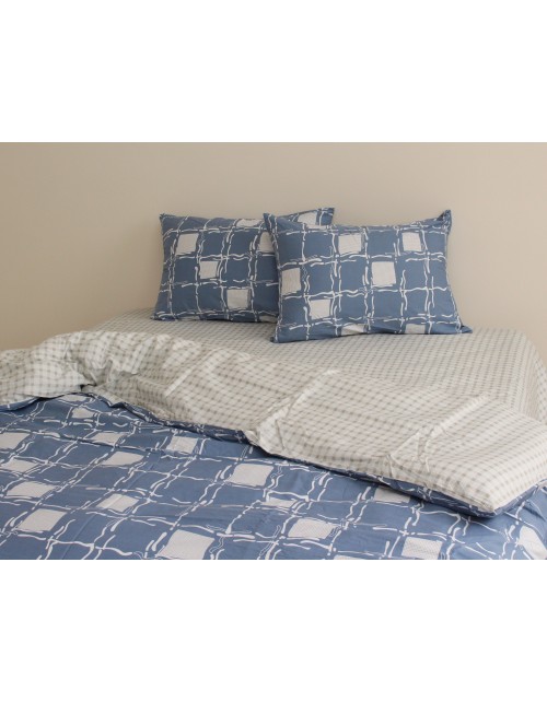 Евро комплект постельного белья синего цвета в клеточку, Сатин люкс
