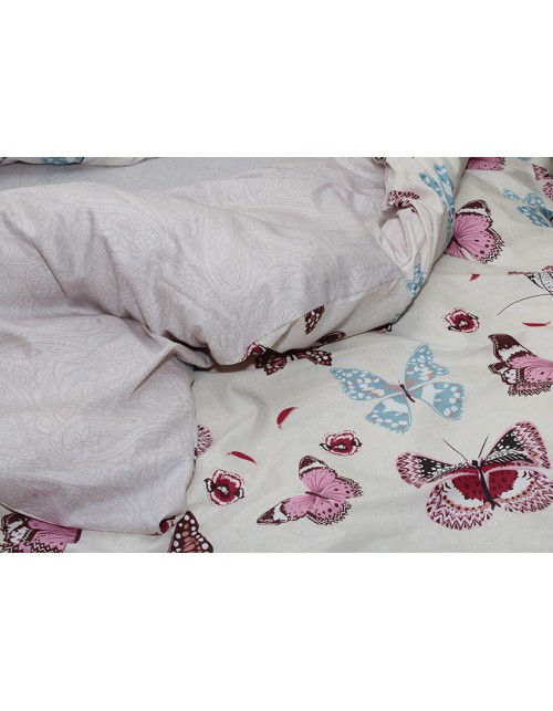 Євро комплект постільної білизни бежевого кольору з метеликами, Сатин люкс