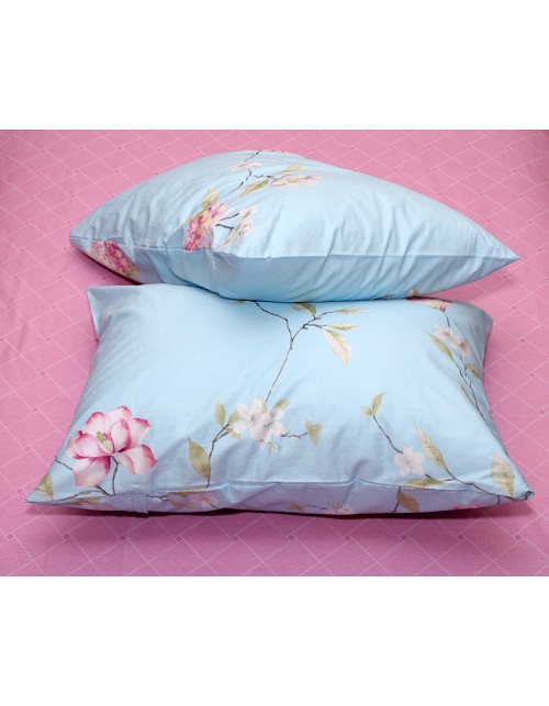 Євро комплект постільної білизни блакитного кольору з квітами, Сатин люкс