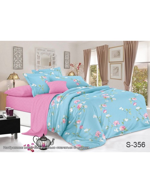 Євро комплект постільної білизни блакитного кольору з квітами, Сатин люкс